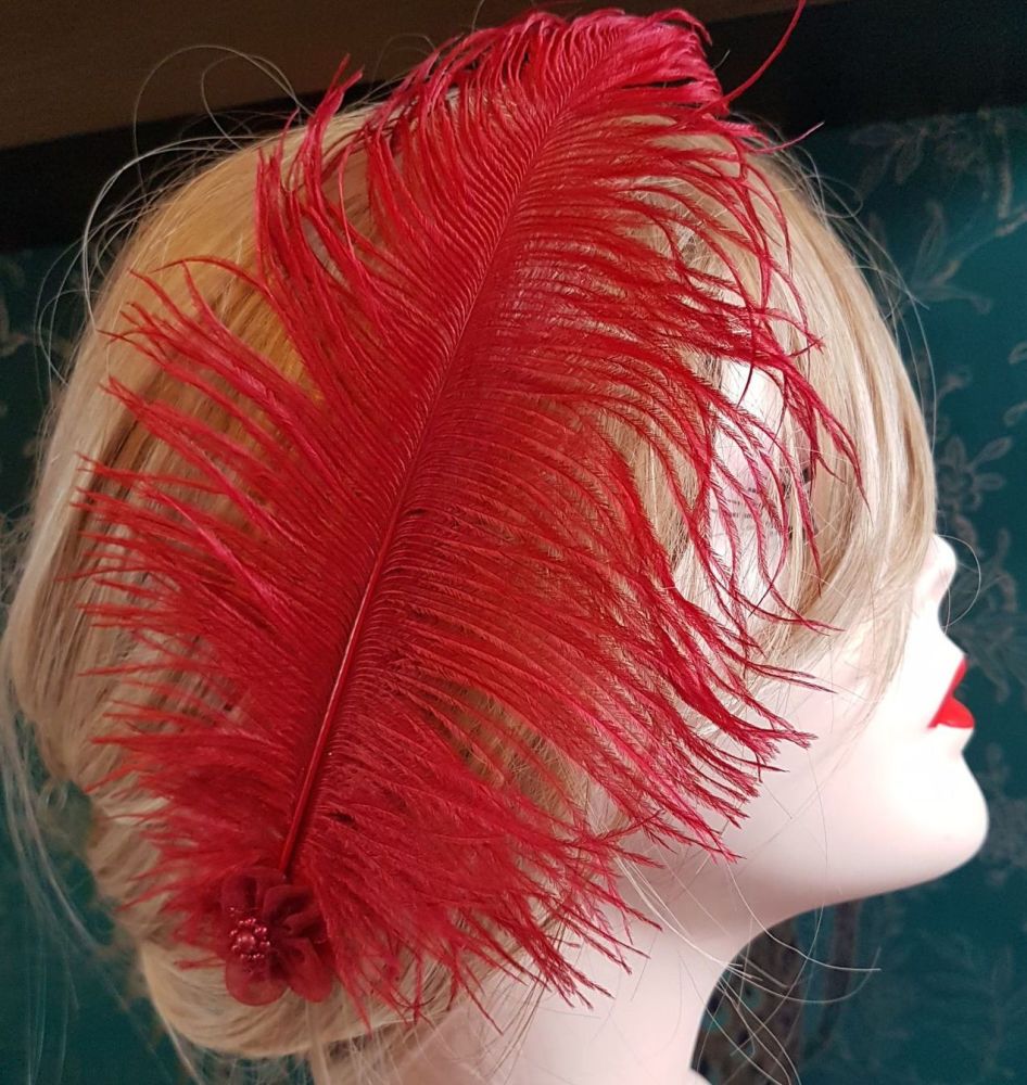 Dark Red Ostrich Feather Hair Piece, Clip Style