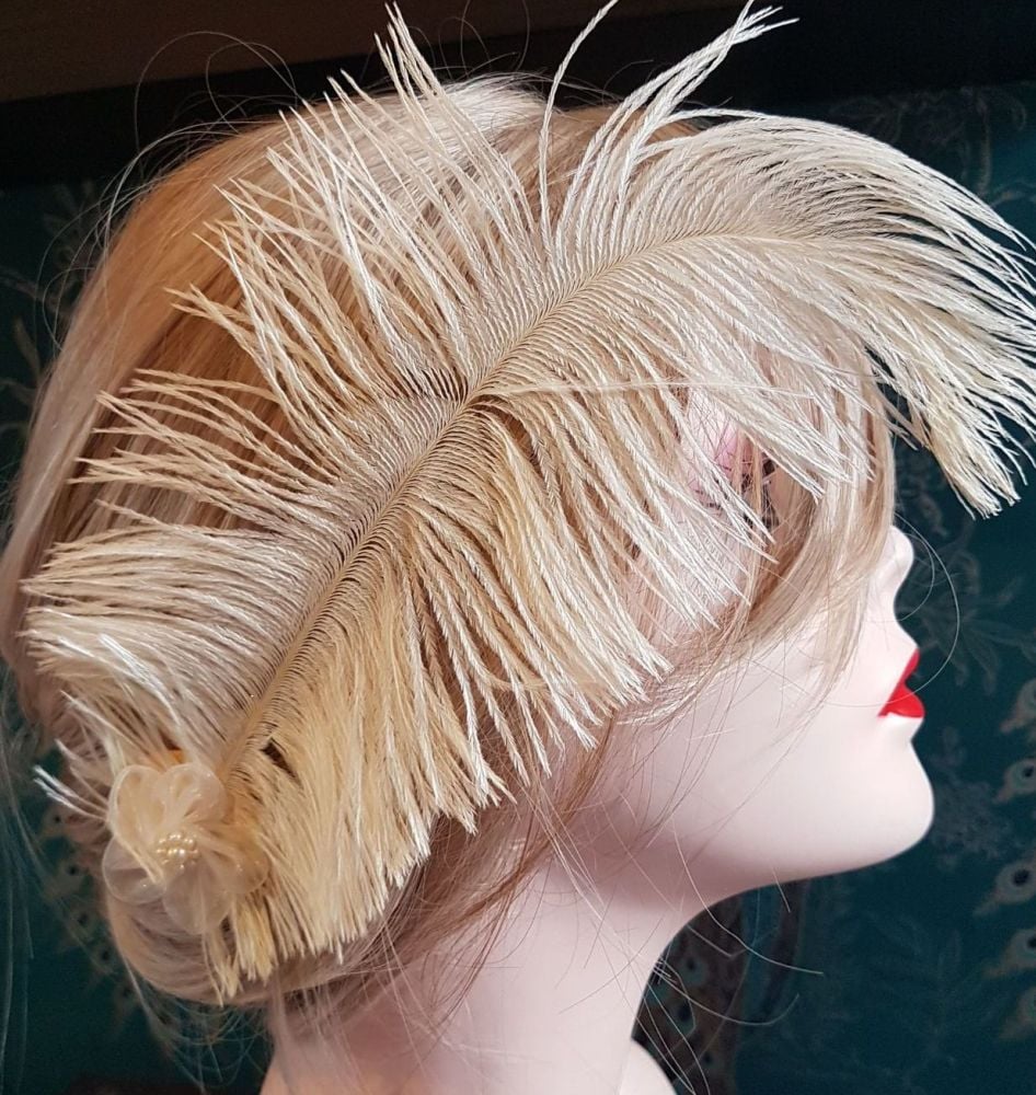 Cream Ostrich Feather Hair Piece, Clip Style