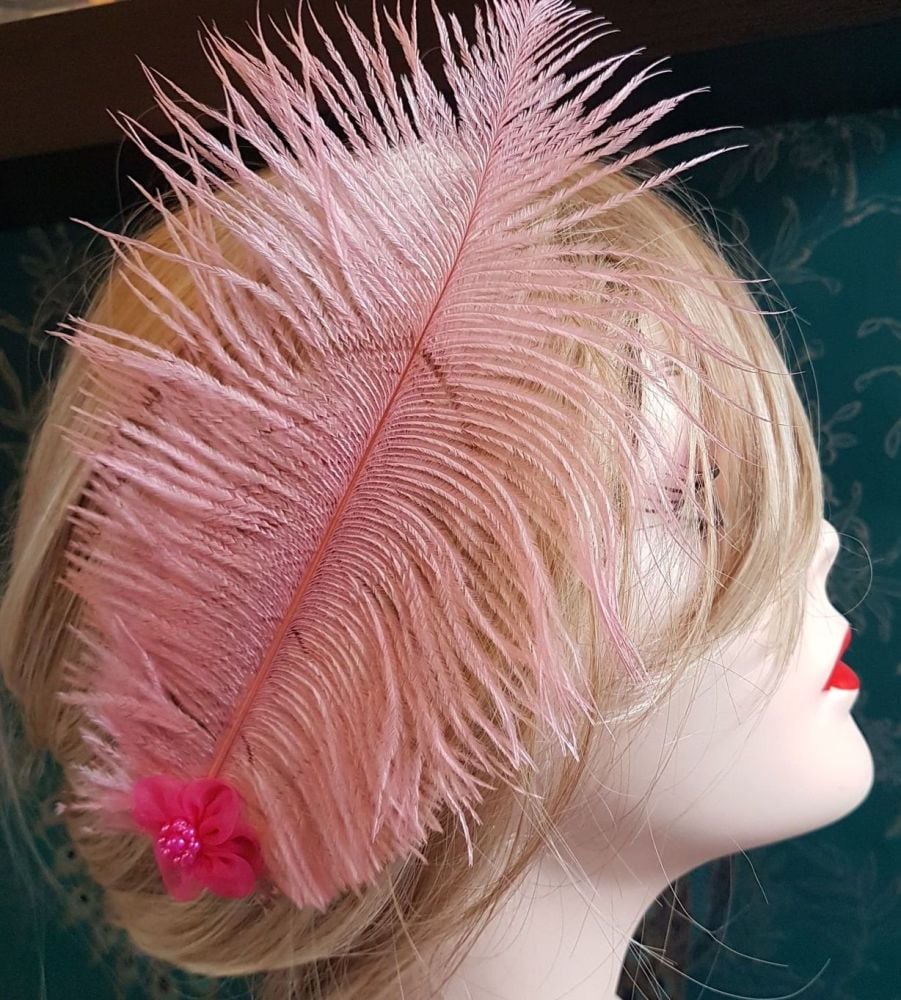 Powder Pink Ostrich Feather Hair Piece, Clip Style