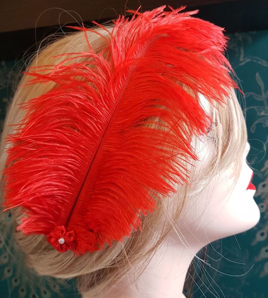 Red Ostrich Feather Hair Piece, Clip Style