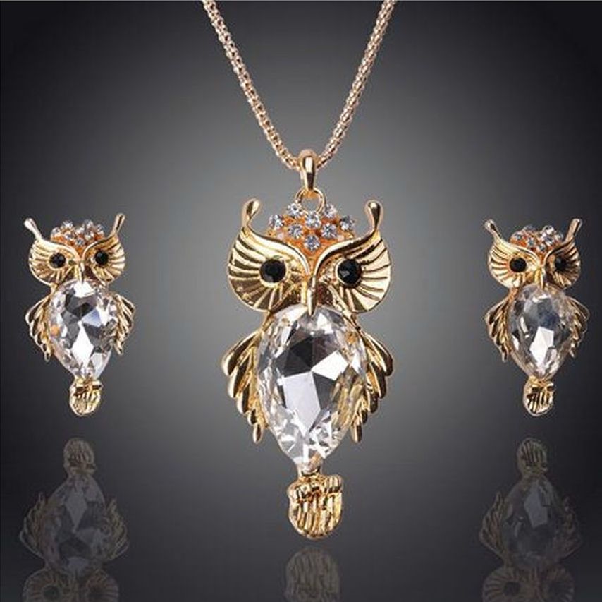 Owl Necklace and Earrings Jewellery Set - Crystal and Gold