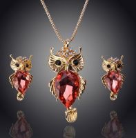 Owl Necklace and Earrings Jewellery Set - Red Crystal and Gold