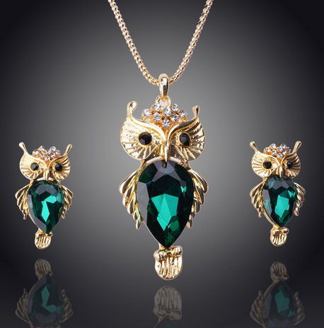Owl Necklace and Earrings Jewellery Set - Green Crystal and Gold