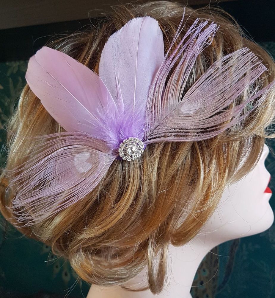 Lilac Peacock and Goose Feather Hair Clip