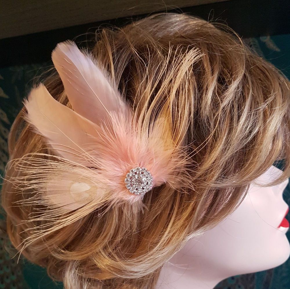 Peach Feather Hair Clip with Peacock Feathers