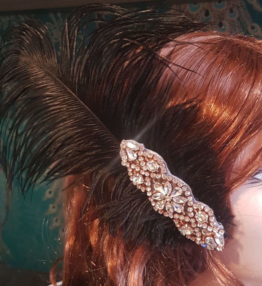Black Ostrich Feather Hair Piece, Clip Style with Diamante Crystal Applique