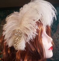 White Ostrich Feather Hair Piece, Clip Style with Diamante Crystal Applique