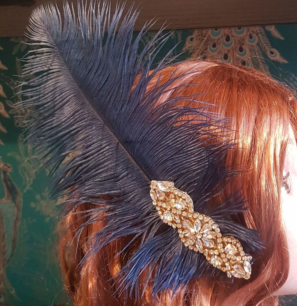 Navy Blue Ostrich Feather Hair Piece, Clip Style with Diamante Crystal Applique