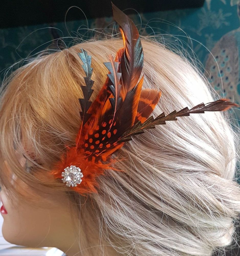 Orange and Black Feather Hair Clip