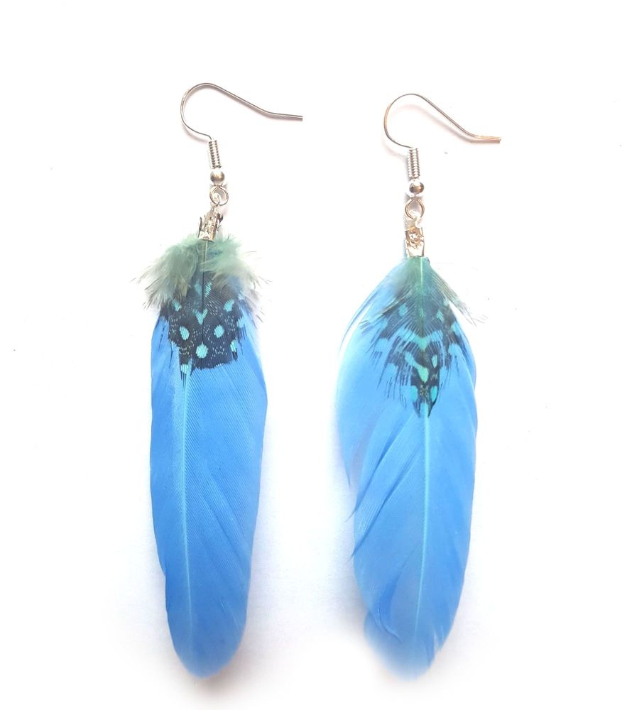 Blue Goose and Guinea Feather Earrings