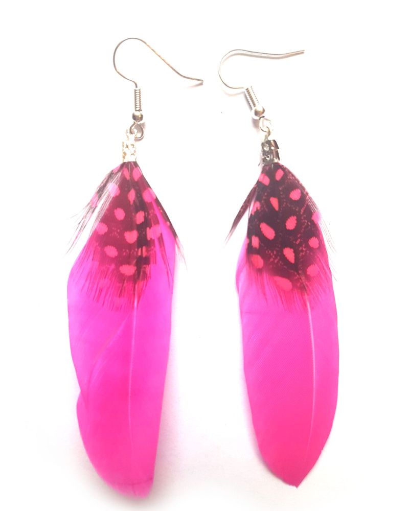 Bright Pink Goose and Guinea Feather Earrings