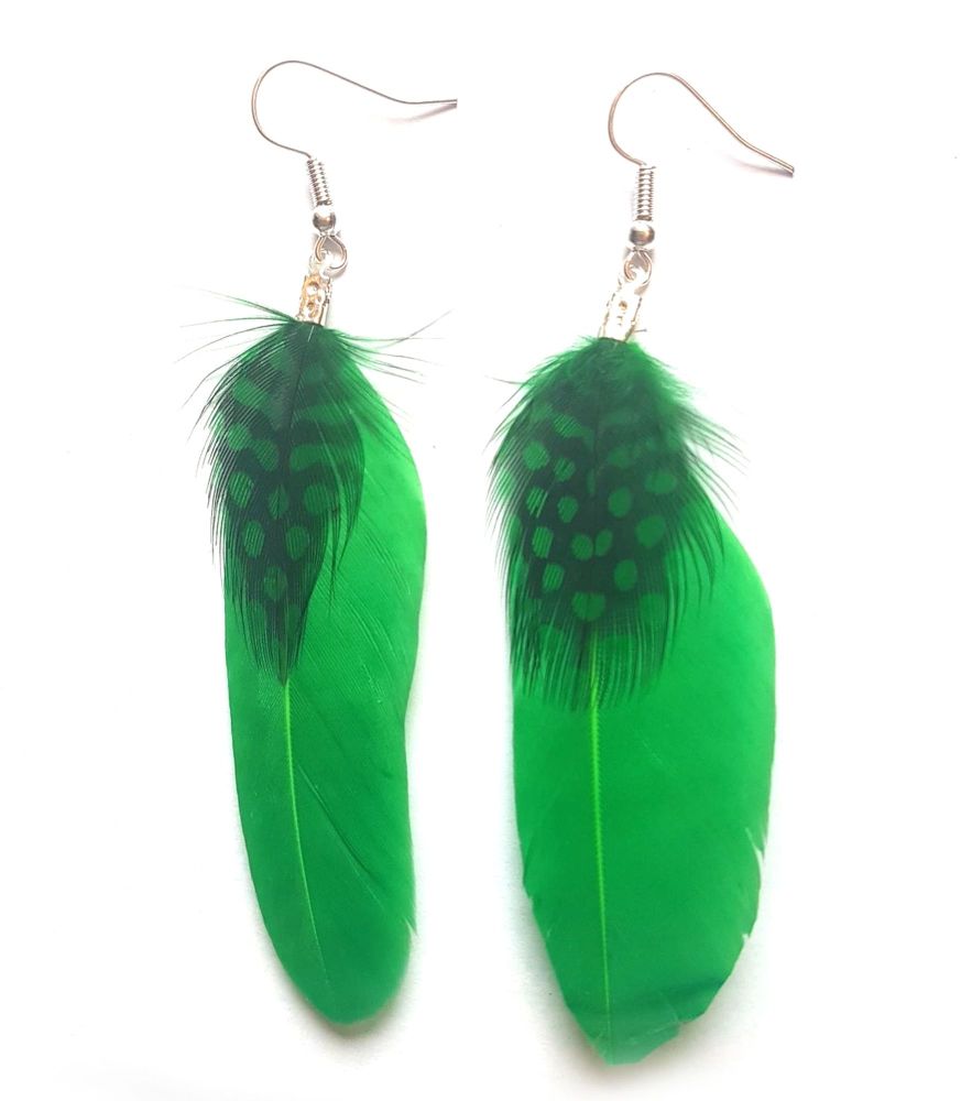 Green Goose and Guinea Feather Earrings