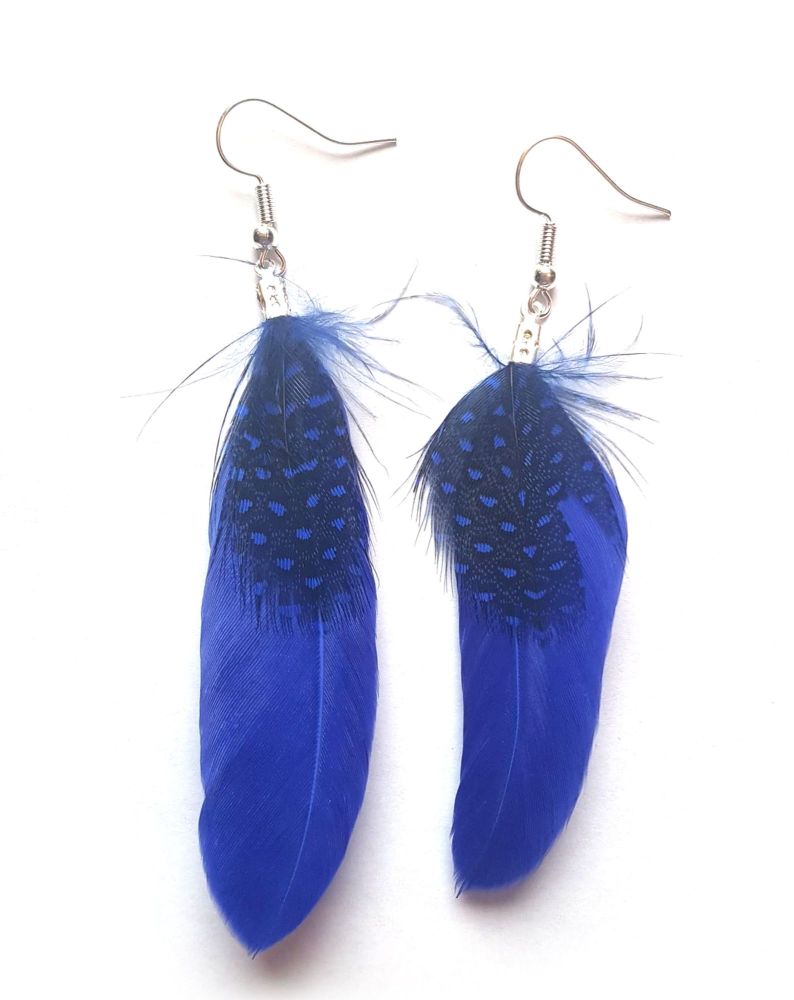 Royal Blue Goose and Guinea Feather Earrings