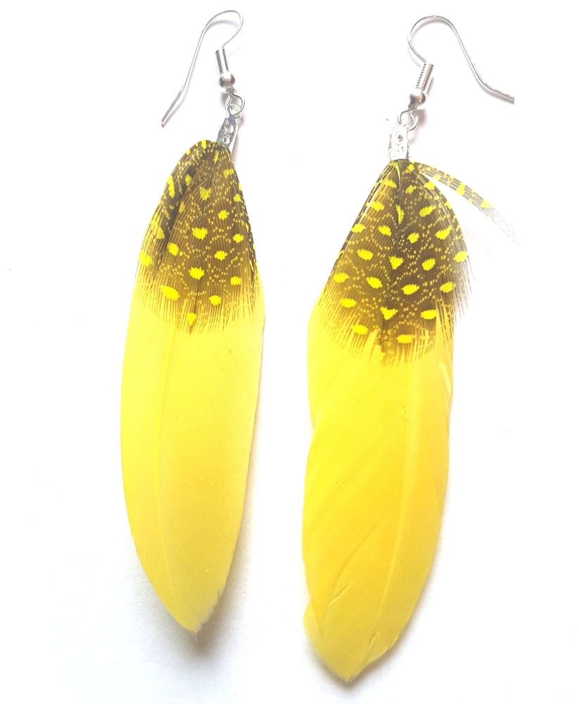 Bright Yellow Goose and Guinea Feather Earrings