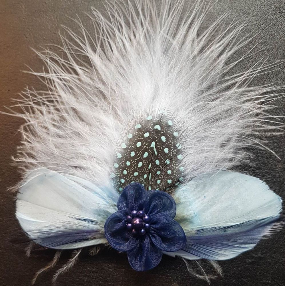 Blue Feather Hair Clip with Marabou and Guinea Feathers