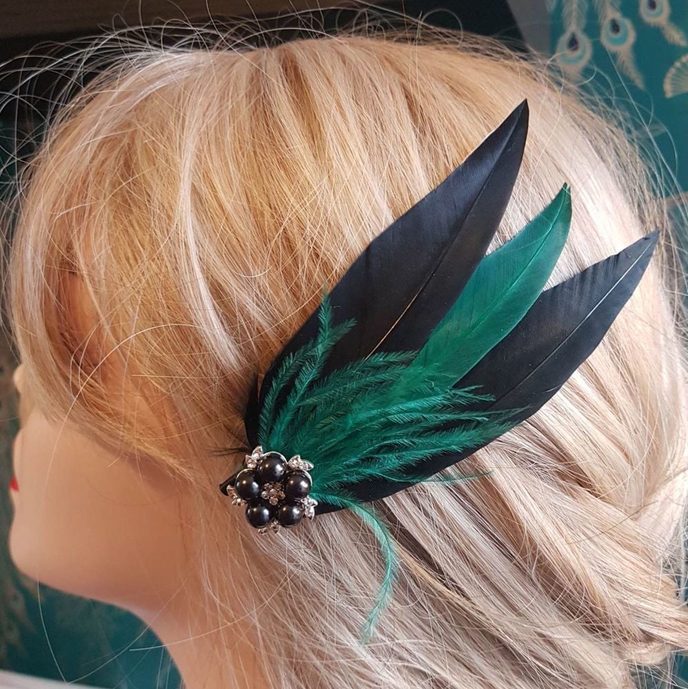 Black and Dark Green Feather Hair Clip, Pointed