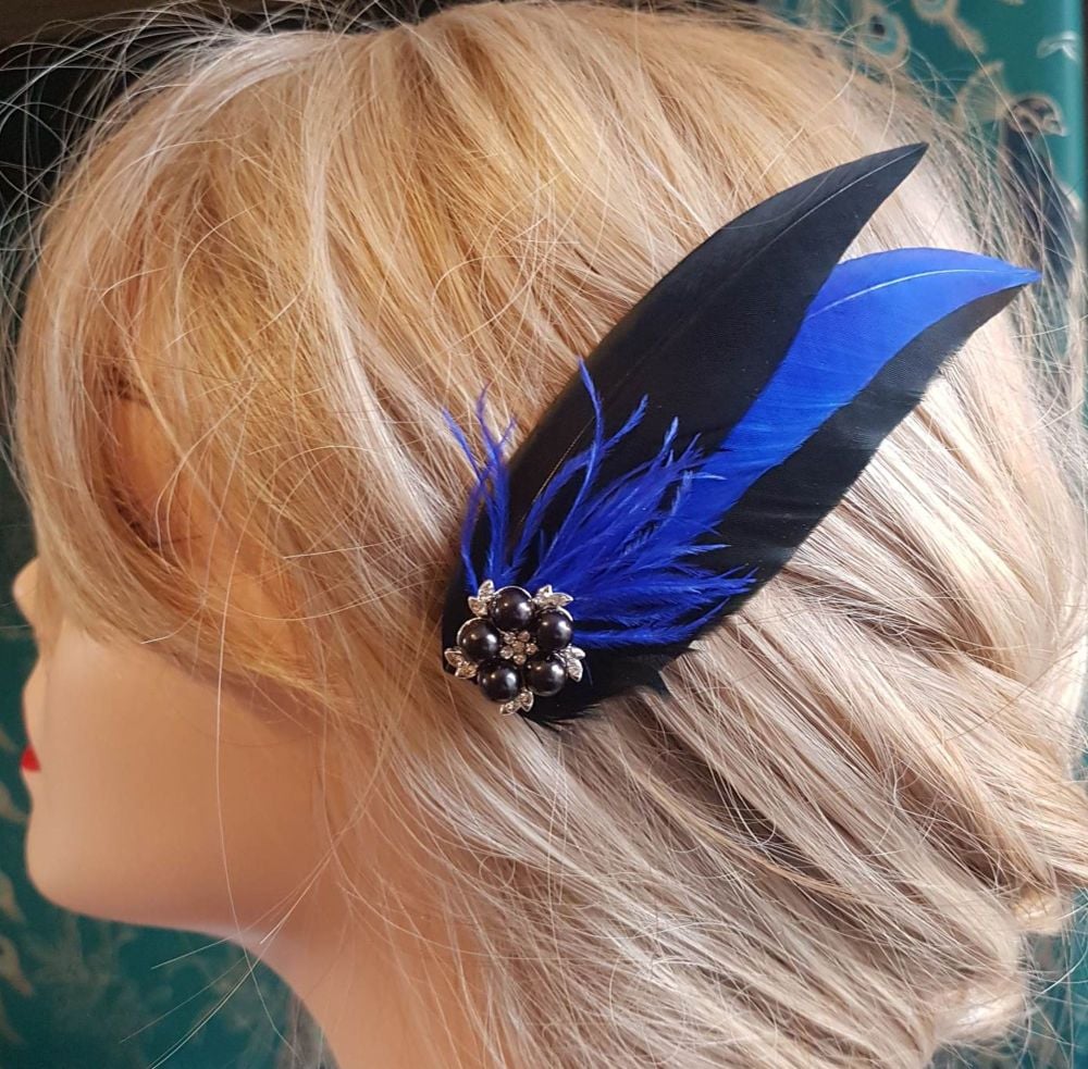 Black and Royal Blue Feather Hair Clip, Pointed