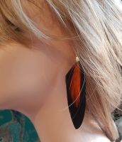 Black Feather Earrings with Orange Hackle Feathers