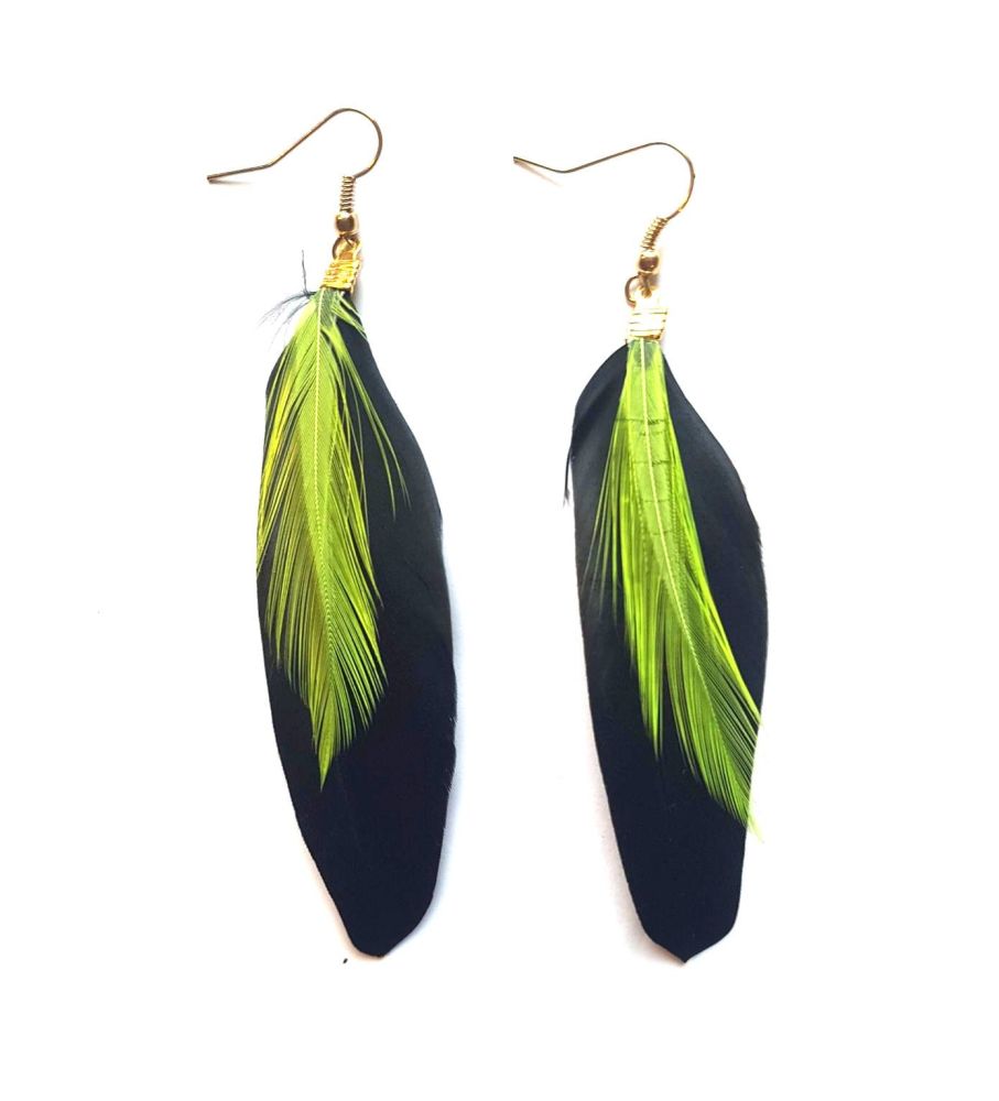 Black Feather Earrings with Lime Green Hackle Feathers
