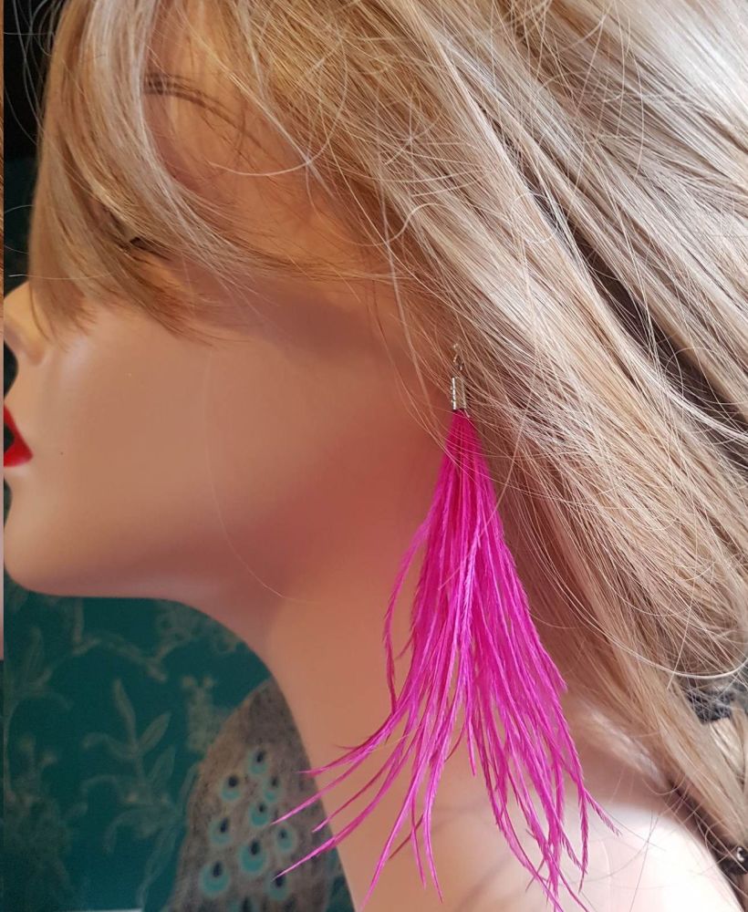 Dark Pink Ostrich Feather Earrings
