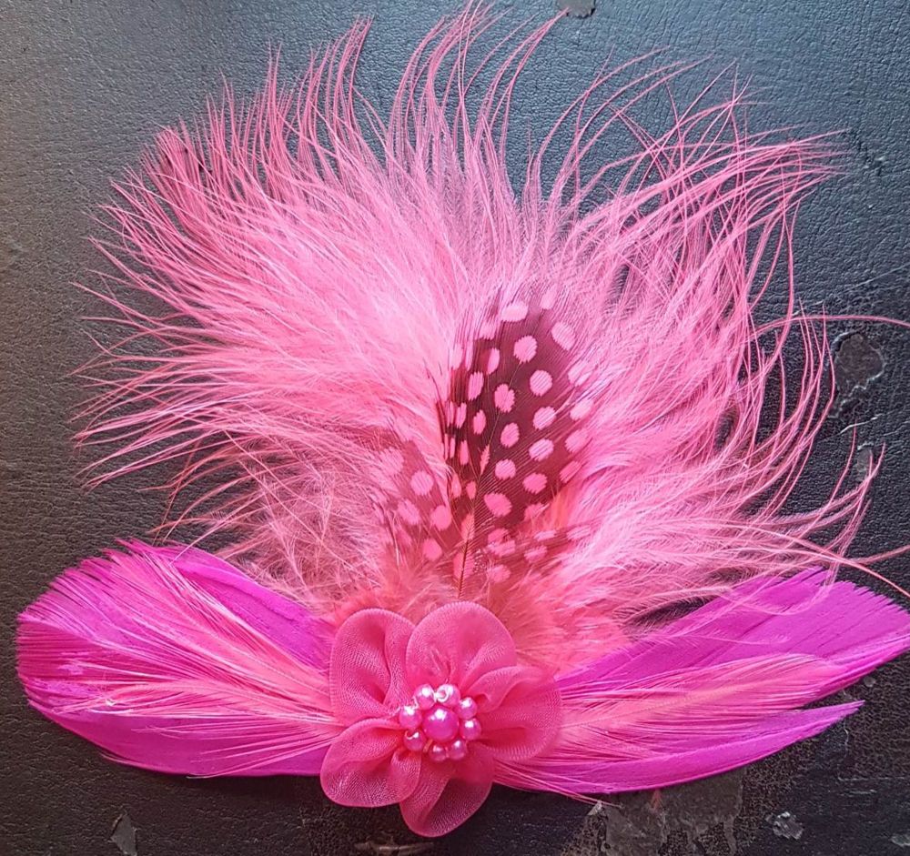Bright Pink Feather Hair Clip with Marabou and Guinea Feathers