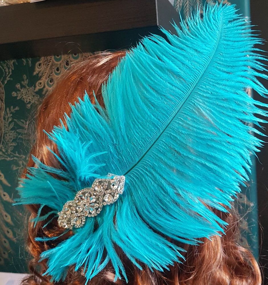 Aqua Blue Ostrich Feather Hair Piece, Clip Style with Diamante Crystal Applique