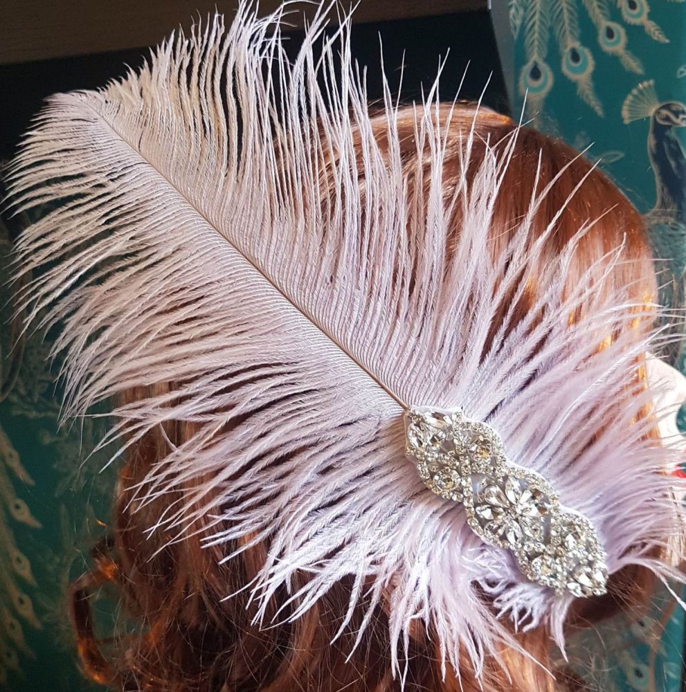 Lilac Ostrich Feather Hair Piece, Clip Style with Diamante Crystal Applique