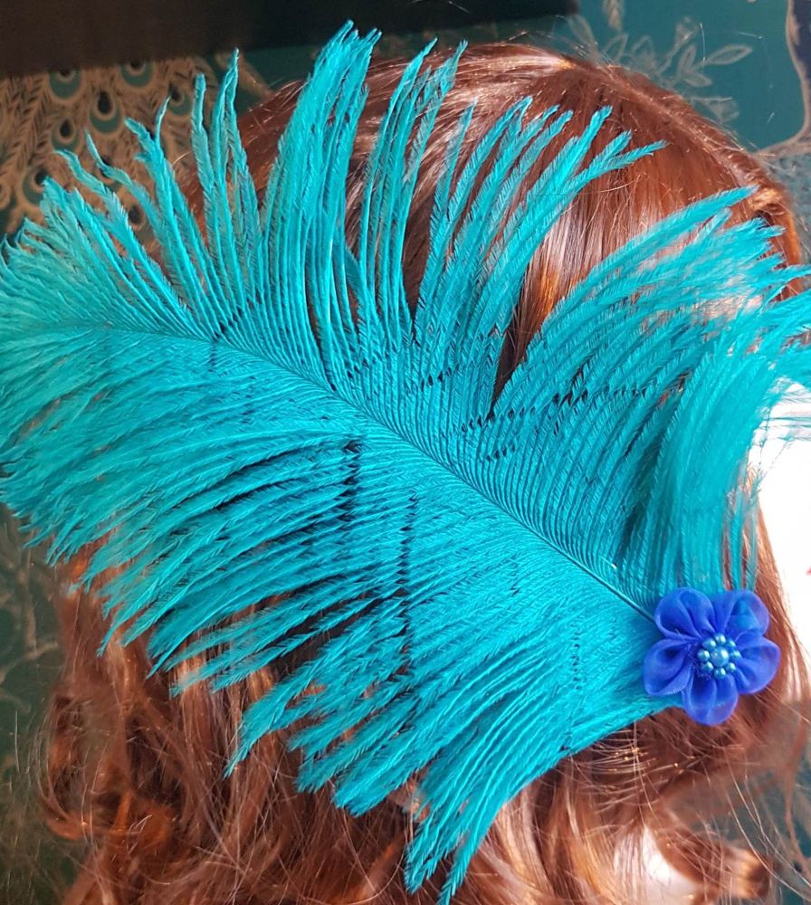 Teal Ostrich Feather Hair Piece, Clip Style