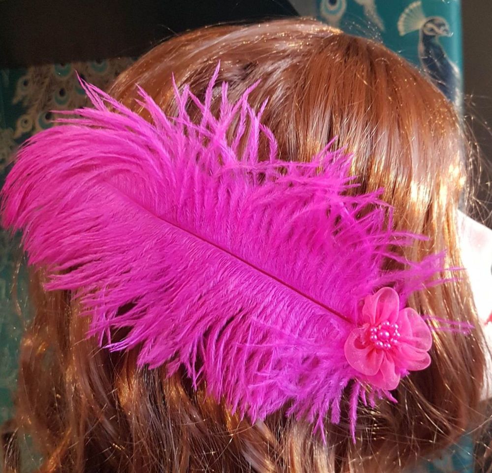 Shocking Pink Ostrich Feather Hair Piece, Clip Style