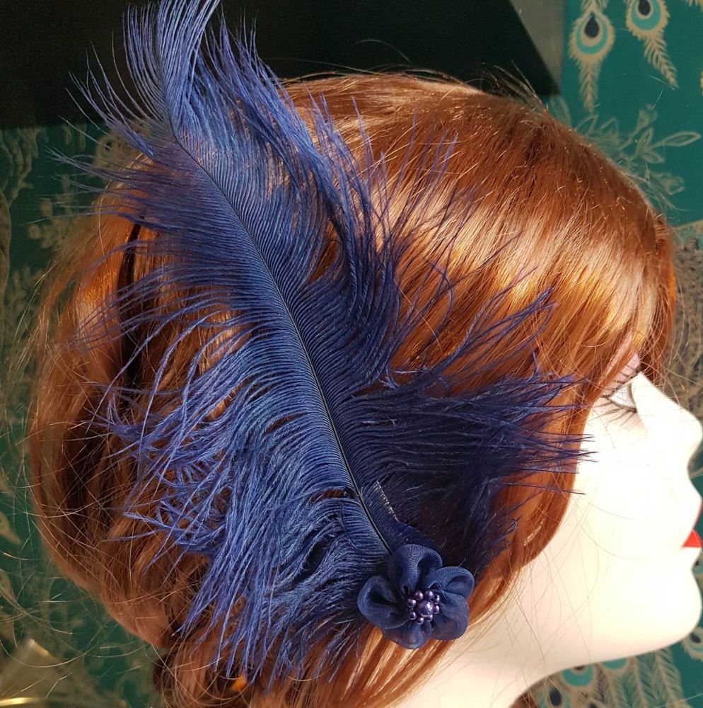 Navy Blue Ostrich Feather Hair Piece, Clip Style