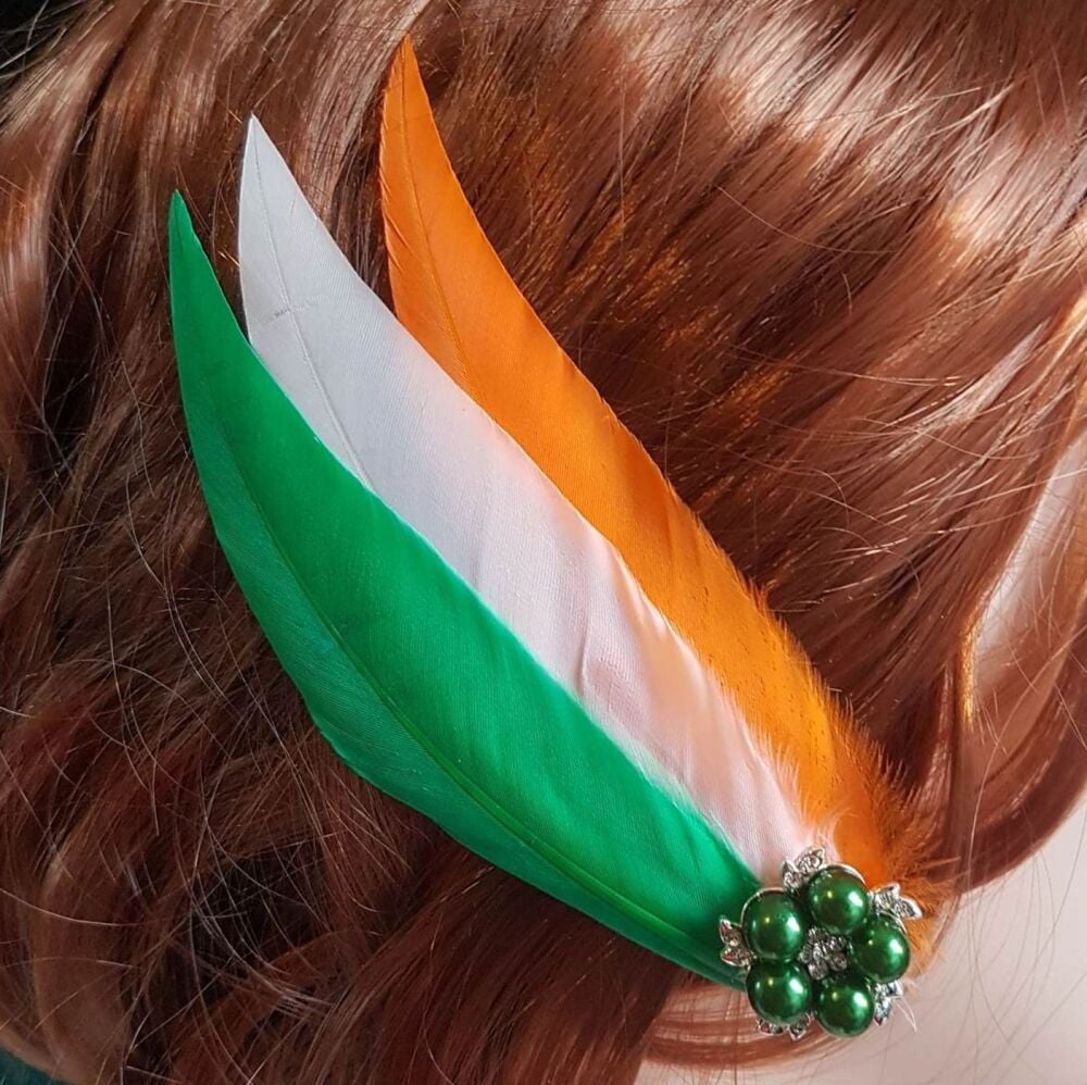 St Patrick's Day Green, White and Orange Feather Hair Clip, Pointed