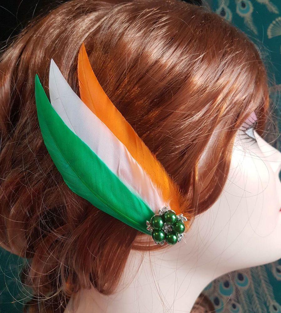 St Patrick's Day Green, White and Orange Feather Hair Clip, Pointed
