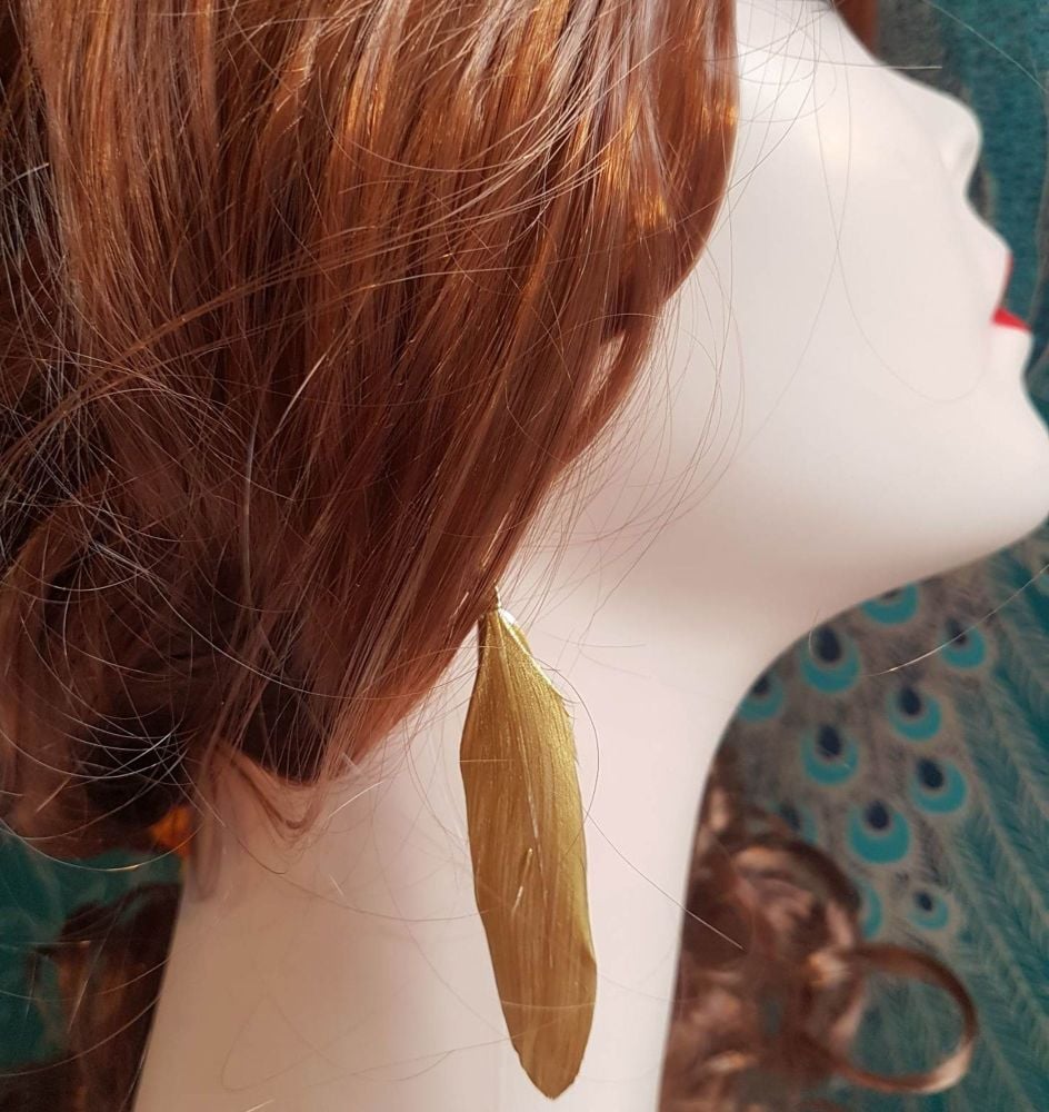 Gold Goose Feather Earrings, Gold Earring Design, Slim Design