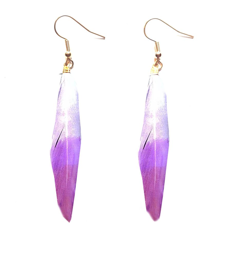 Purple and Lilac Hand Painted, Handmade Feather Earrings