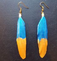 Blue and Orange Hand Painted, Handmade Feather Earrings