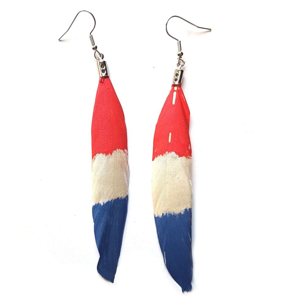 Red, White and Blue Hand Painted, Handmade Feather Earrings