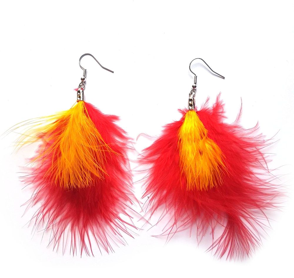 Red and Yellow Marabou Feather Earrings
