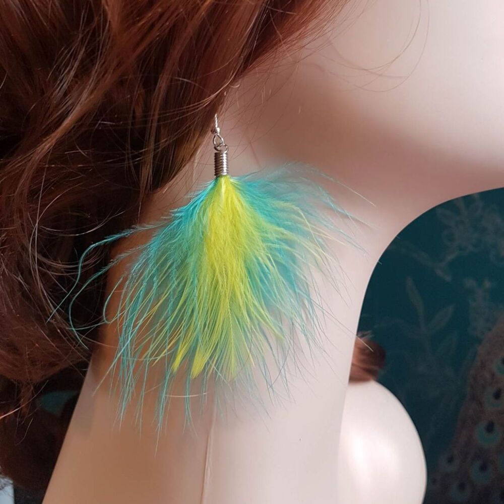 Teal and Yellow Marabou Feather Earrings