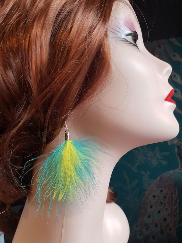 Teal and Yellow Marabou Feather Earrings
