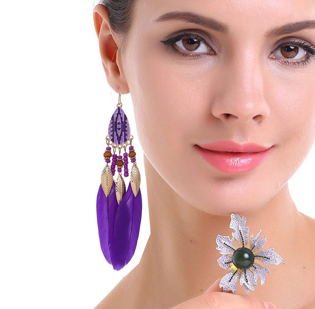 Purple and Gold Feather Earrings with Beaded Tribal Detail