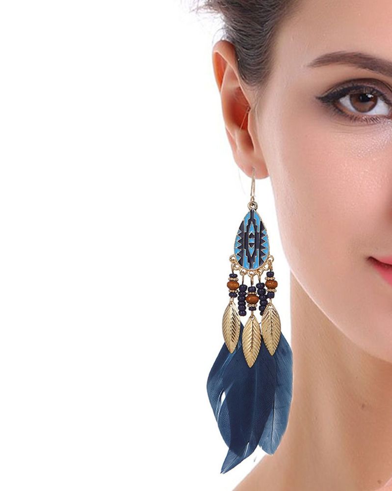 Dusky Blue and Gold Feather Earrings with Beaded Tribal Detail