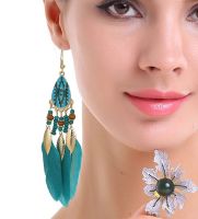Teal Green and Gold Feather Earrings with Beaded Tribal Detail