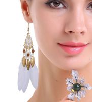 White with Gold Feather Earrings with Beaded Tribal Detail
