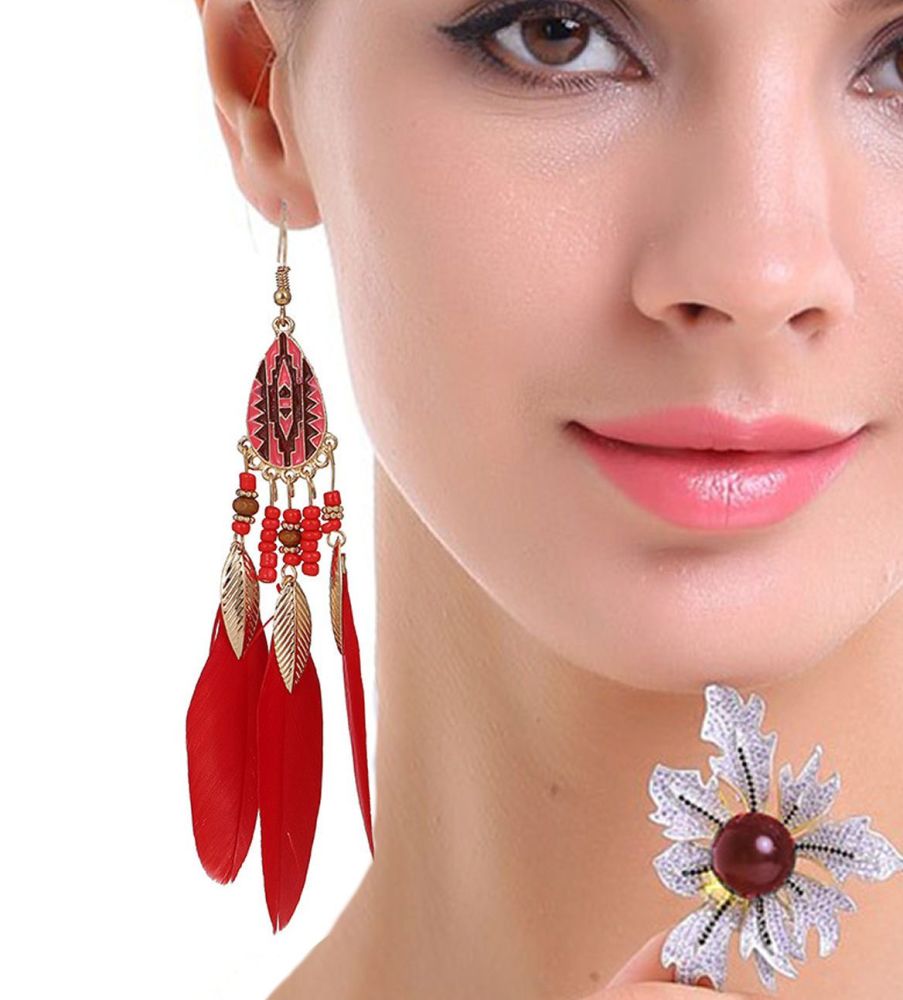 Red and Gold Feather Earrings with Beaded Tribal Detail