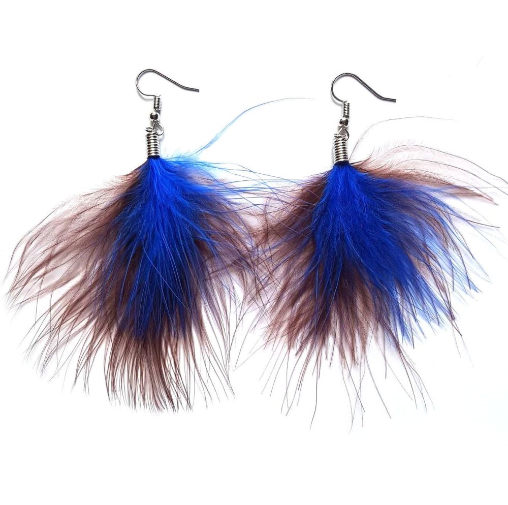 Brown and Royal Blue Marabou Feather Earrings