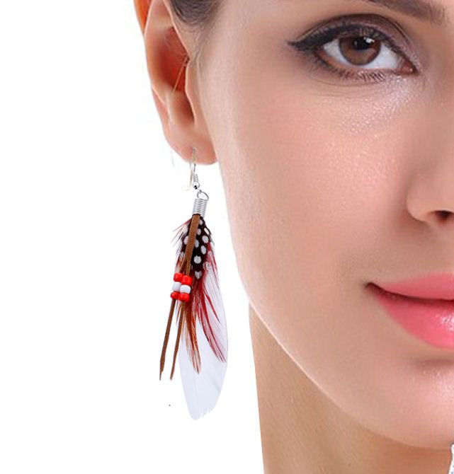 White Feather Earrings Embellished with Beads