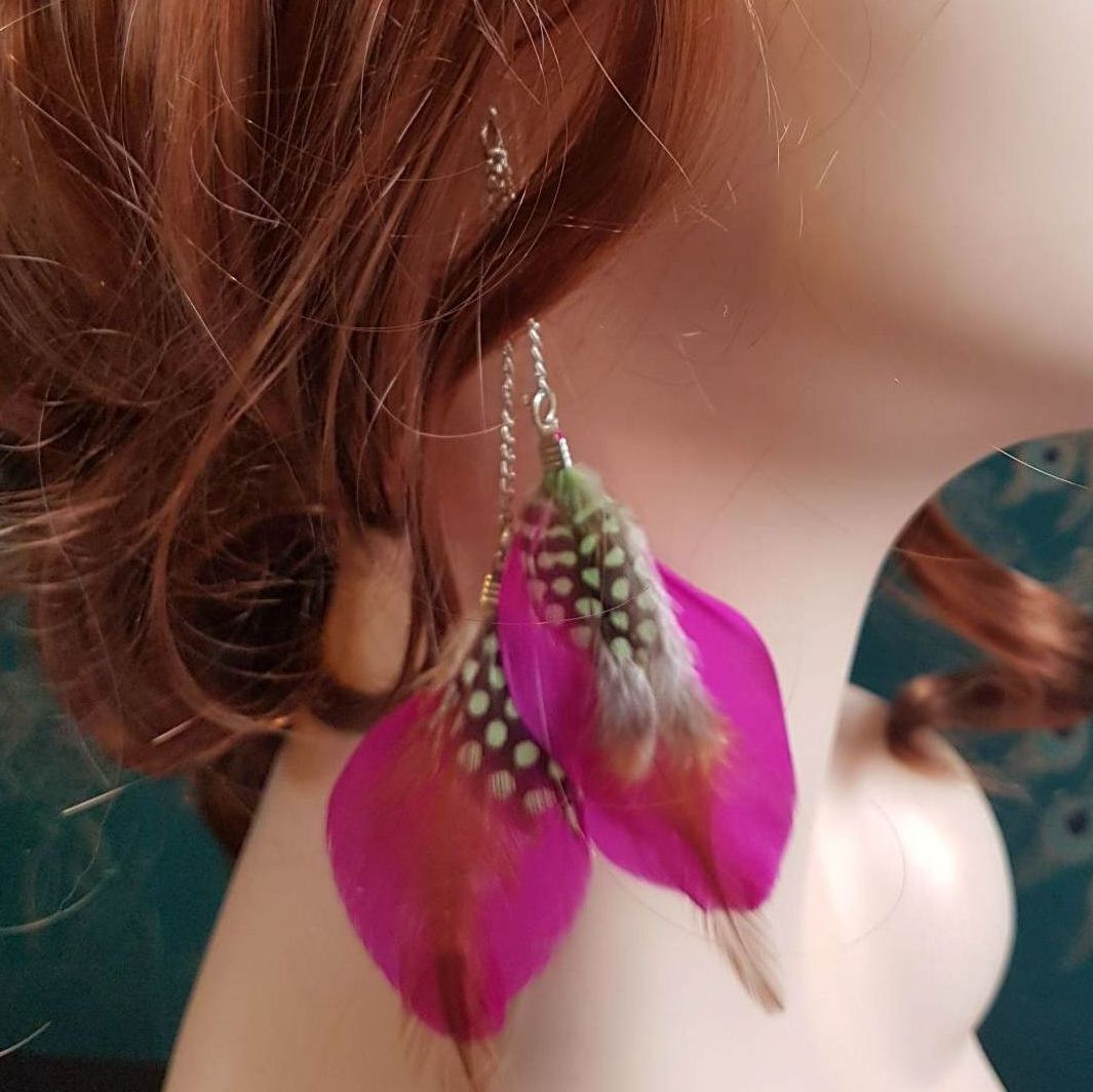 Shocking Pink Goose Double Feather long earrings