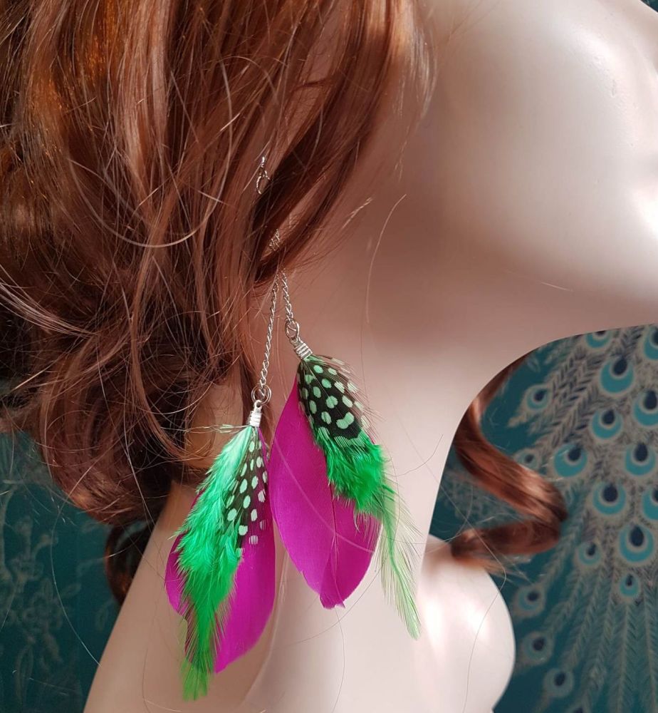 Shocking Pink and Lime Green Double long feather earrings
