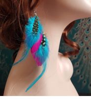 Shocking Pink and Aqua Goose Double Feather long earrings