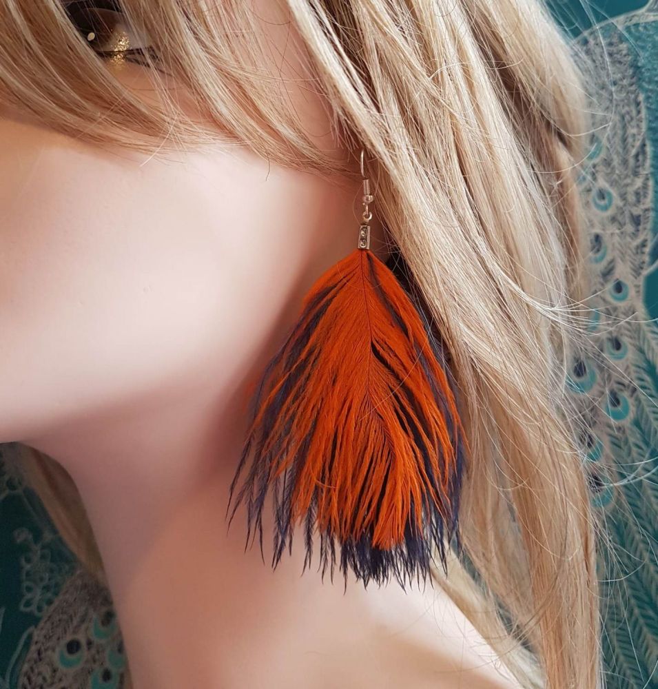 Navy Blue and Orange Ostrich Feather Earrings